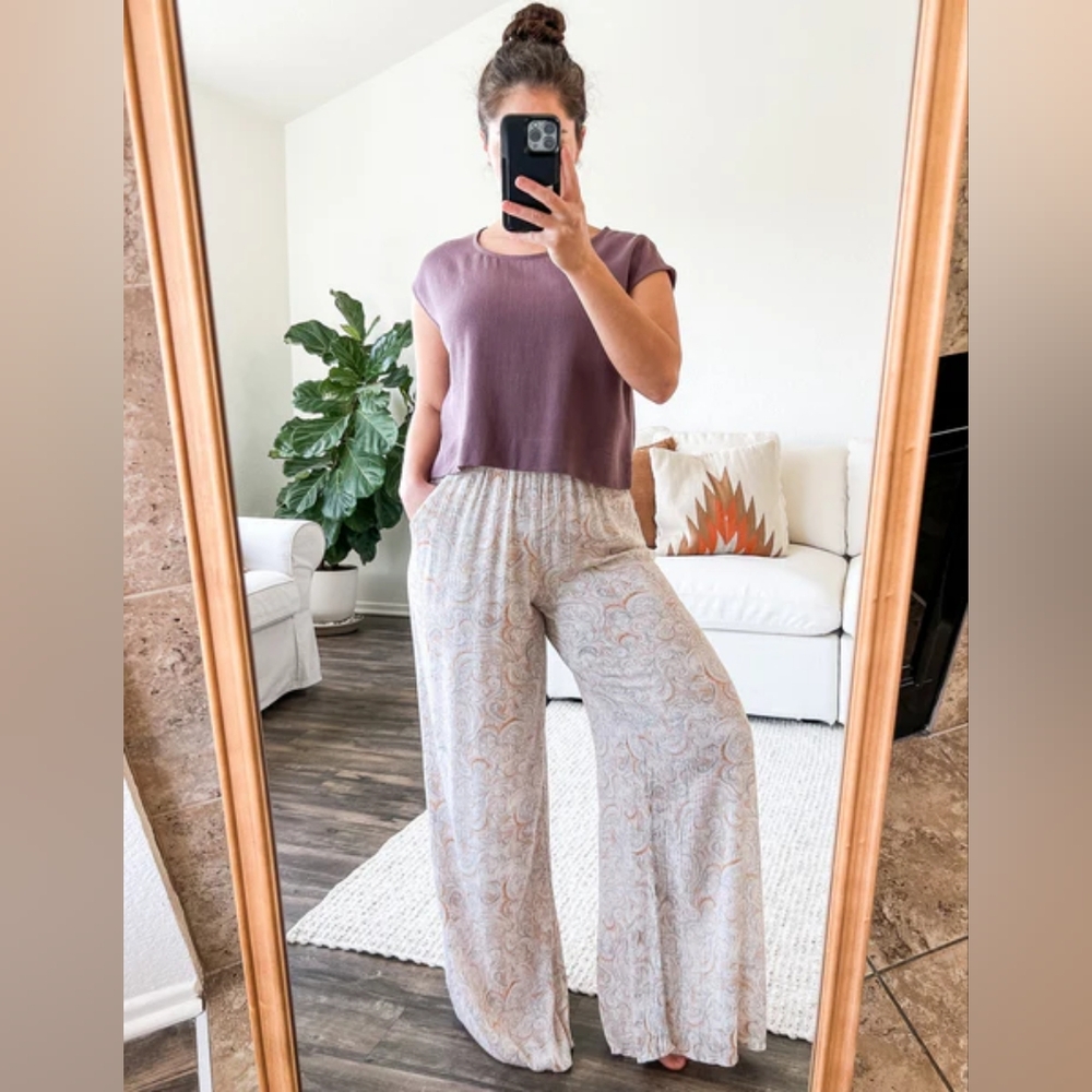 Wide Leg Printed Women’s Pants - Cream Paisley